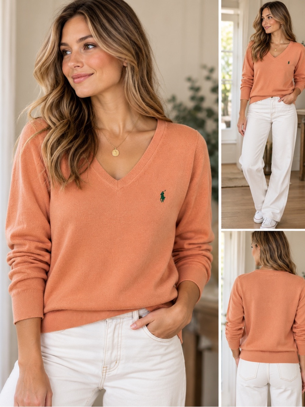 Polo Ralph Lauren Womenβs V-Neck Preppy Old Money Sweater in Coral Peach M